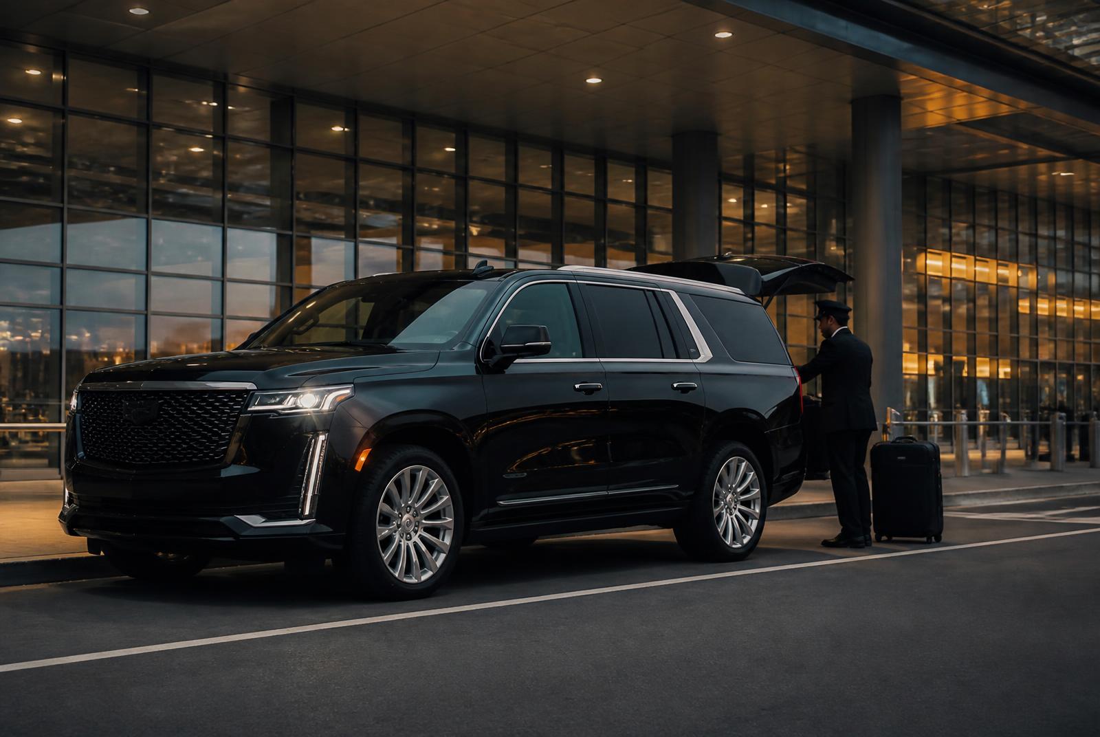 Black executive SUV waiting at an airport terminal curb at dusk