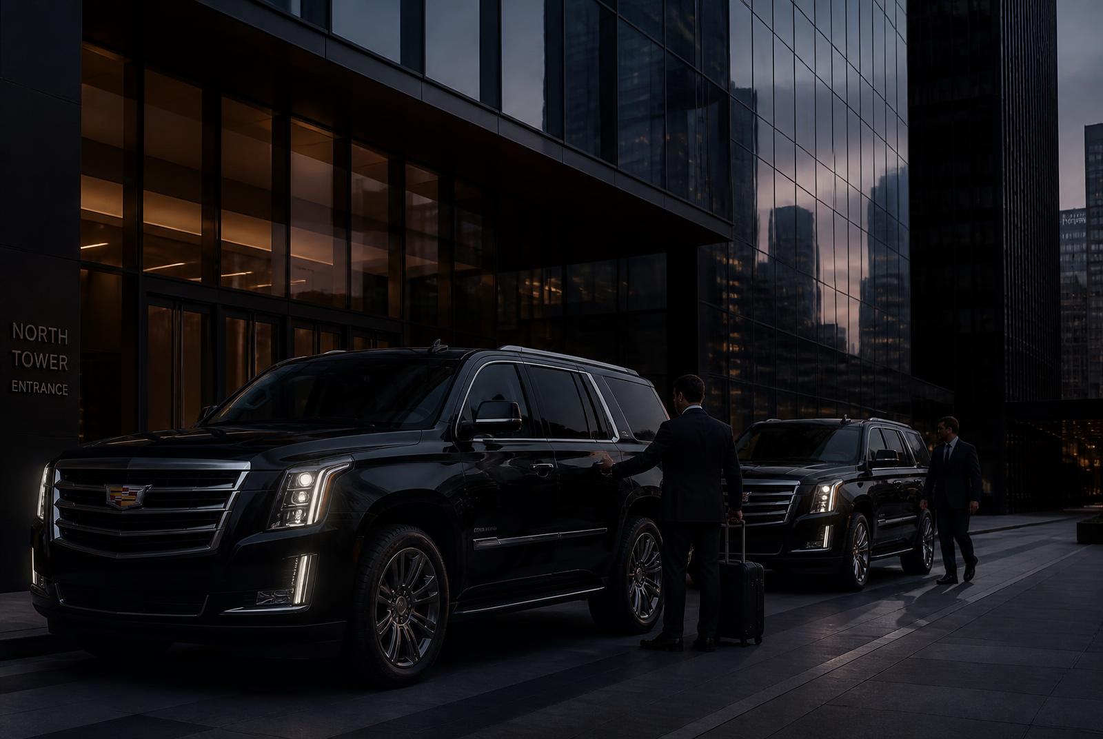 Two black executive SUVs waiting outside a corporate tower