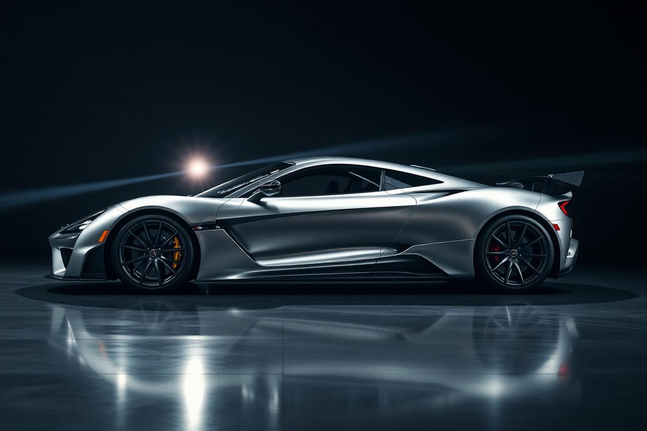 Silver exotic supercar in a dark studio with dramatic lighting
