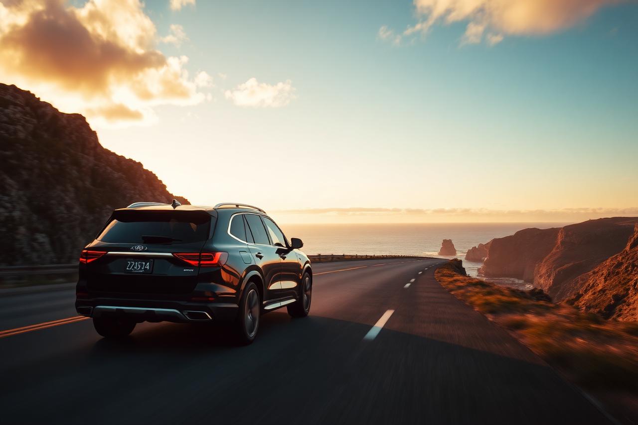 Black SUV driving a scenic coastal highway at golden hour