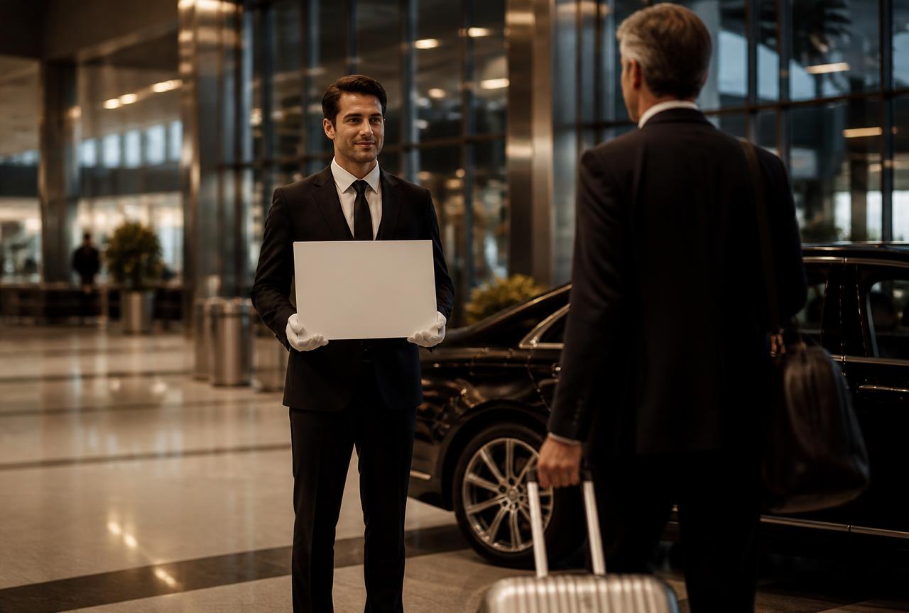 Chauffeur in a dark suit holding a welcome board greeting an arriving executive traveller at an airport